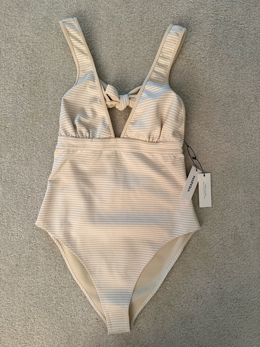 Marysia New With Tag Cream Beige Stripe Open Back Tie One Piece Swimsuit Sz L